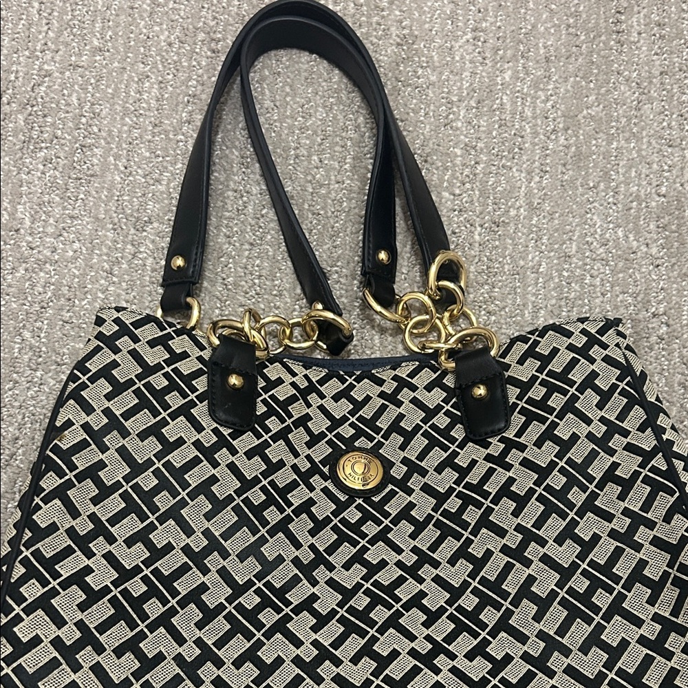 Tommy Hilfiger Black and Cream Patterned Tote